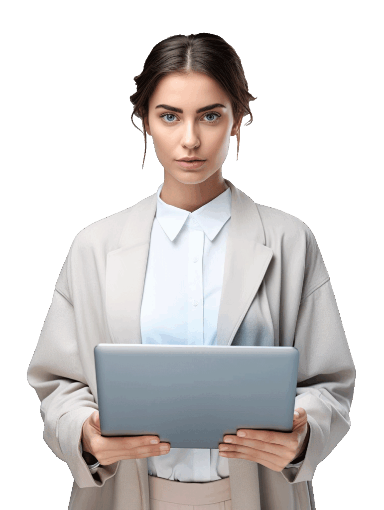 Chica joven sosteniendo un ordenador portátil